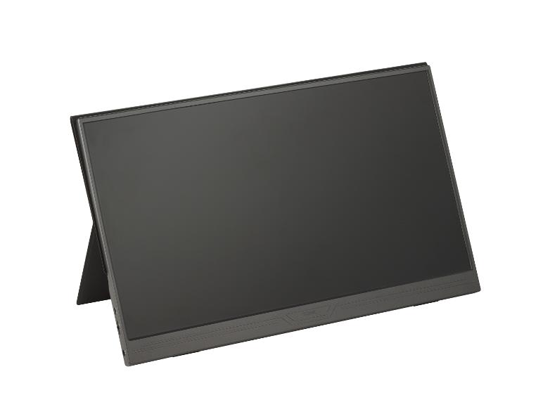 Černý přenosný monitor s tmavou obrazovkou a stojanem, zobrazený pod úhlem.