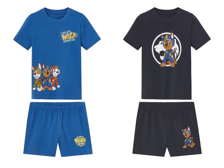 Dětské pyžamo Paw Patrol: trička a šortky, modrý a tmavě modrý motiv.