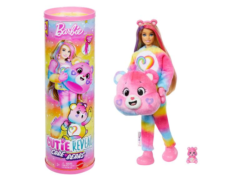 Panenka Barbie Cutie Reveal Care Bears a její obal.