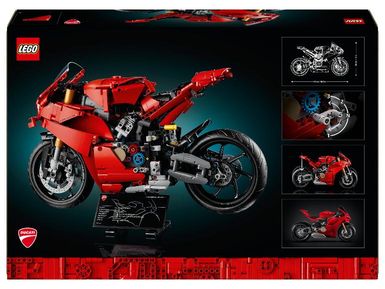 Krabička LEGO Technic Ducati Panigale V4 R s detaily modelu a specifikacemi.