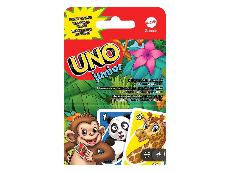 Karetní hra UNO Junior v balení s motivem džungle s opicí, pandou a žirafou.