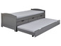 Šedá postel s rozkládacím lůžkem a úložným prostorem.