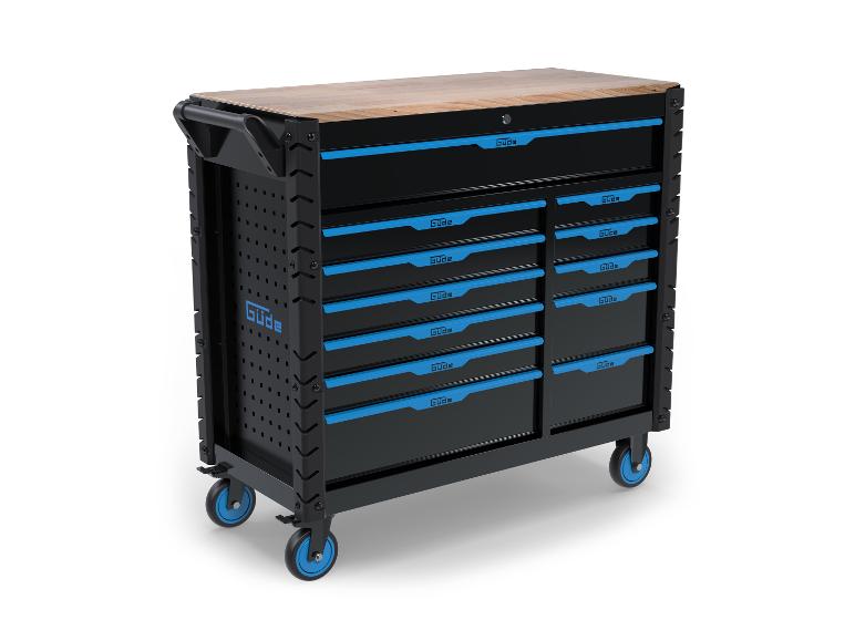 Nářaďový vozík Gude s dřevěnou deskou a 12 zásuvkami.