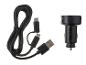 Černá autonabíječka s USB kabelem a micro USB adaptéry