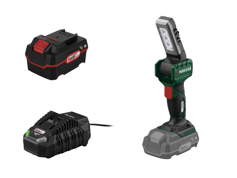 Parkside X20V Team LED pracovní lampa s baterií a nabíječkou.
