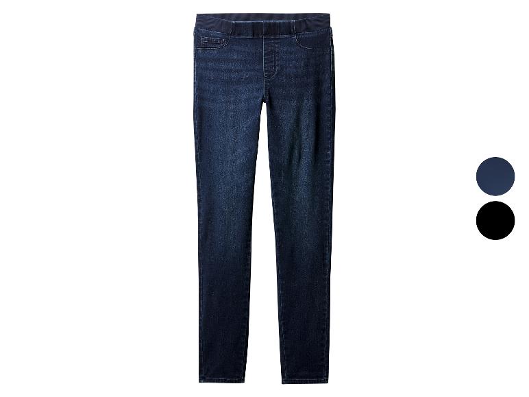 Tmavě modré skinny džíny s elastickým pasem, prezentované na bílém pozadí.