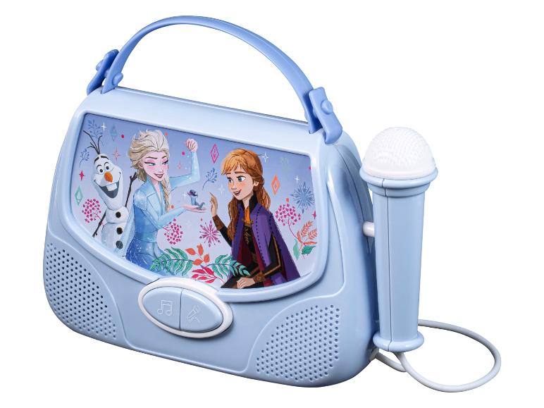 Modrý karaoke stroj s mikrofonem s motivem Frozen.
