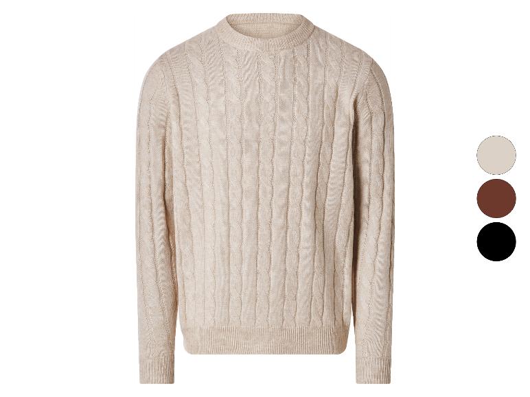Béžový svetr s copánkovým vzorem, s hnědými a černými barevnými variantami