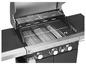 Plynový gril Grillmeister s litinovým roštem a tlačítkem 'Hi Power'.