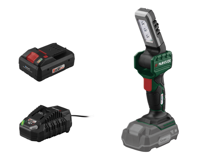 Přenosná LED pracovní lampa Parkside X20V Team s baterií a nabíječkou.