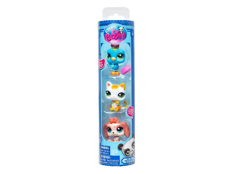 Sada Littlest Pet Shop se třemi figurkami zvířat: ptákem, kočkou a štěnětem.