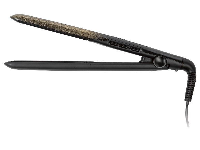 Natočená žehlička na vlasy se zlatými třpytkami.