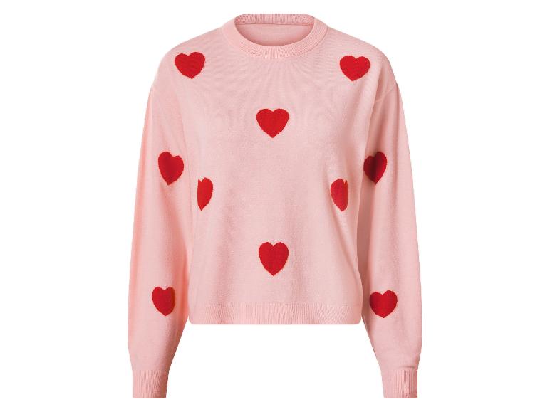 Růžový pletený svetr s červenými vzory srdcí