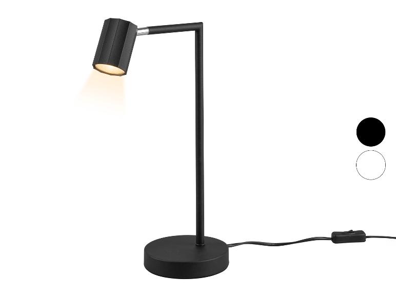 Černá LED stolní lampa s nastavitelnou hlavou a kulatou základnou, s vypínačem na kabelu.
