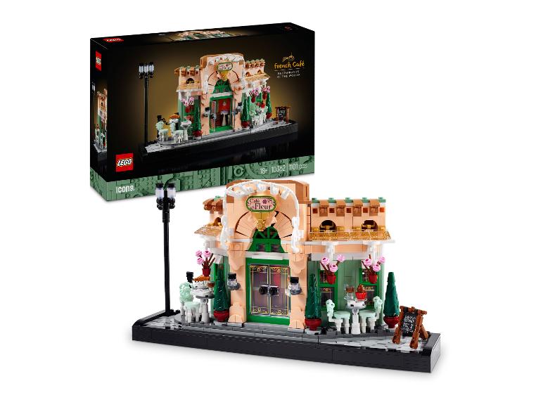 Stavebnice LEGO Icons French Café s modelem kavárny a jejím obalem.