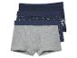 Tři boxerky: šedé, tmavě modré hladké a tmavě modré s potiskem palem.