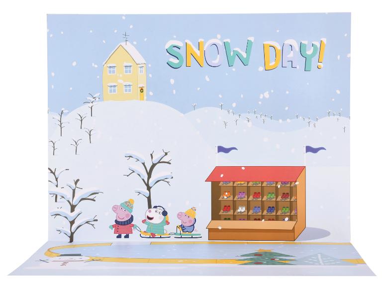 Pop-up přání s Peppou Pig a jejími přáteli bruslícími na ledě v zasněžený den.