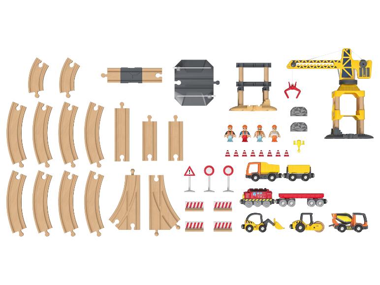 Sada dřevěných vláčků a stavebních vozidel.