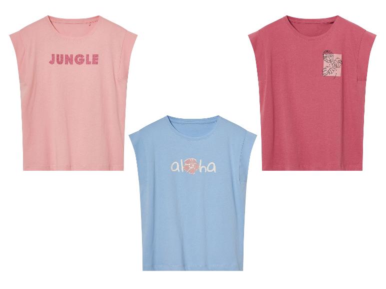 Trička bez rukávů s tropickými motivy: „Jungle“, „Aloha“ a tropické listy.