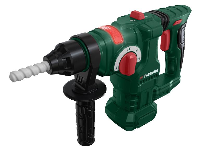 Zelené a černé rotační kladivo s červenými akcenty a přídavnou rukojetí.