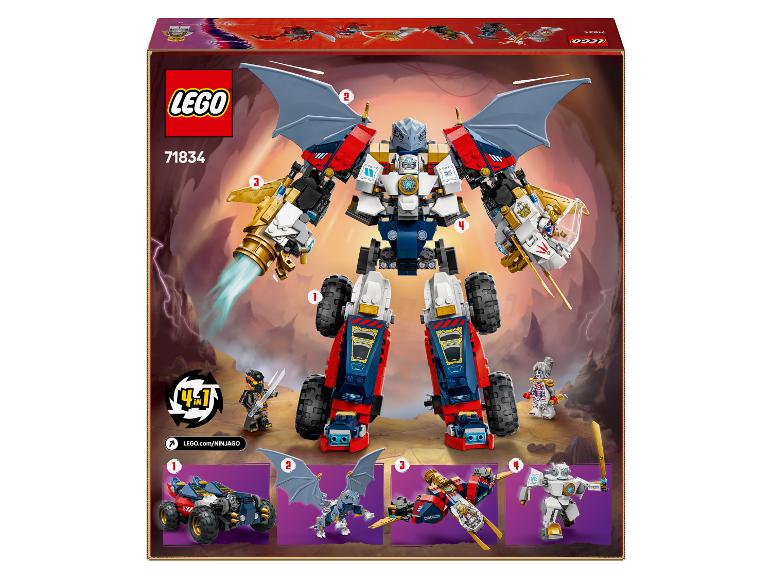 Sada LEGO Ninjago mech 4 v 1 71834, s velkým mechem a čtyřmi menšími stavbami.