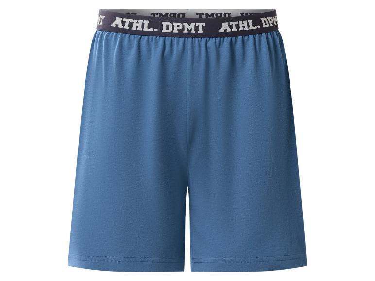 Modré pyžamové šortky s elastickým pasem s textem „ATHL. DPMT“.