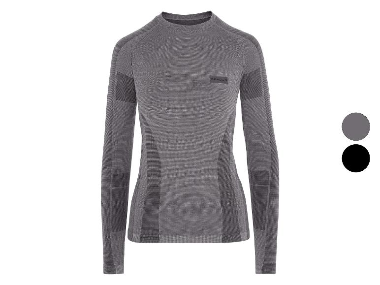 Šedý sportovní top s dlouhým rukávem s jemným vzorem a logem 'SPYDER'.