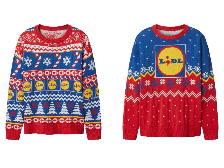 Dva vánoční svetry s tematikou Lidl, jeden s vánočními vzory a logy, druhý s velkým logem.