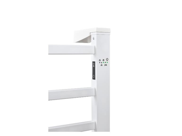 Bílý sušák na ručníky s digitálním časovačem a indikátorem napájení.