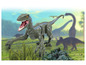 Hračka dinosaura, modrý velociraptor, s dalšími dinosaury v pozadí.