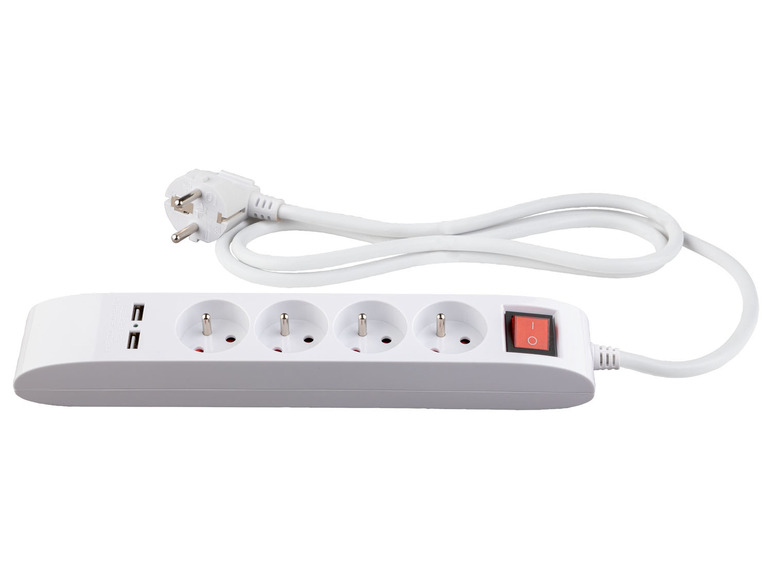 Bílá prodlužovací šňůra se 4 zásuvkami a 2 USB porty.
