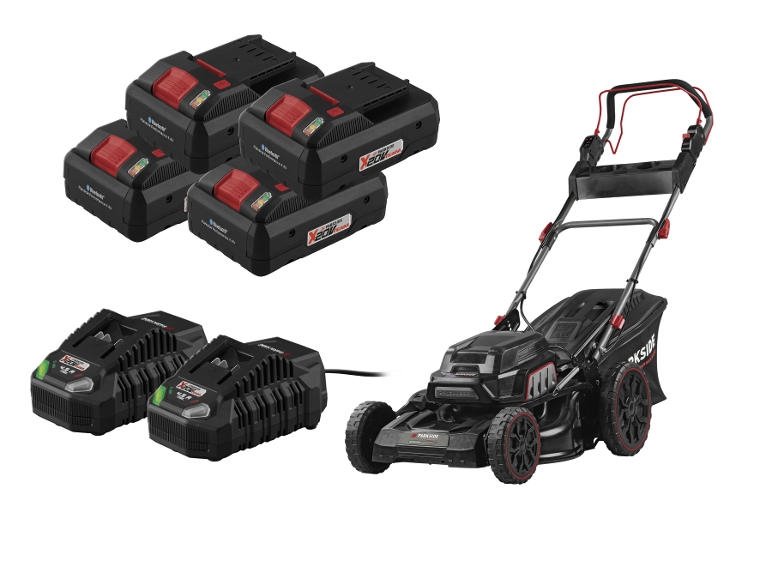 Sada akumulátorů Parkside X20V Team a bezdrátová sekačka na trávu.