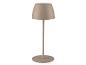 Bezdrátová stolní lampa v béžové barvě s kulatou základnou a kónickým stínítkem.