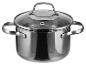 Nerezový hrnec na vaření se skleněnou poklicí a kovovými uchy.
