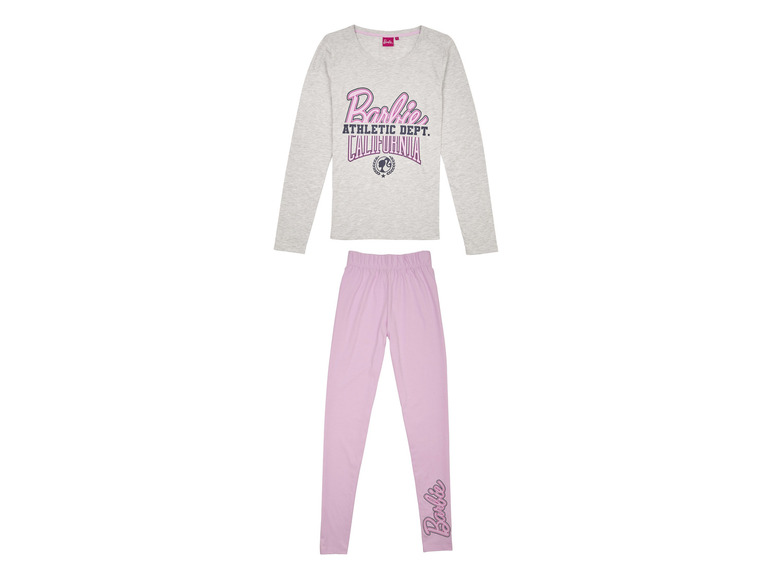 Šedý dlouhý rukáv s růžovým potiskem Barbie a odpovídající růžové legíny.