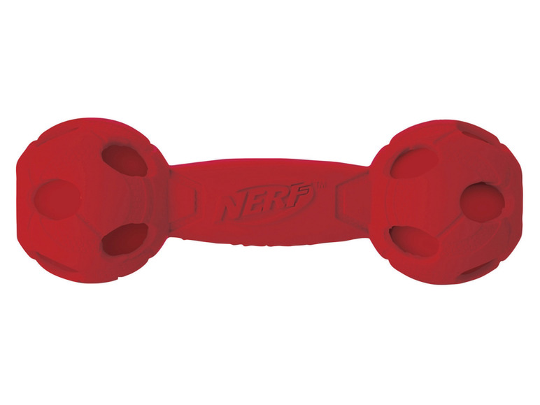 Červená Nerf hračka pro psy ve tvaru fotbalového míče.