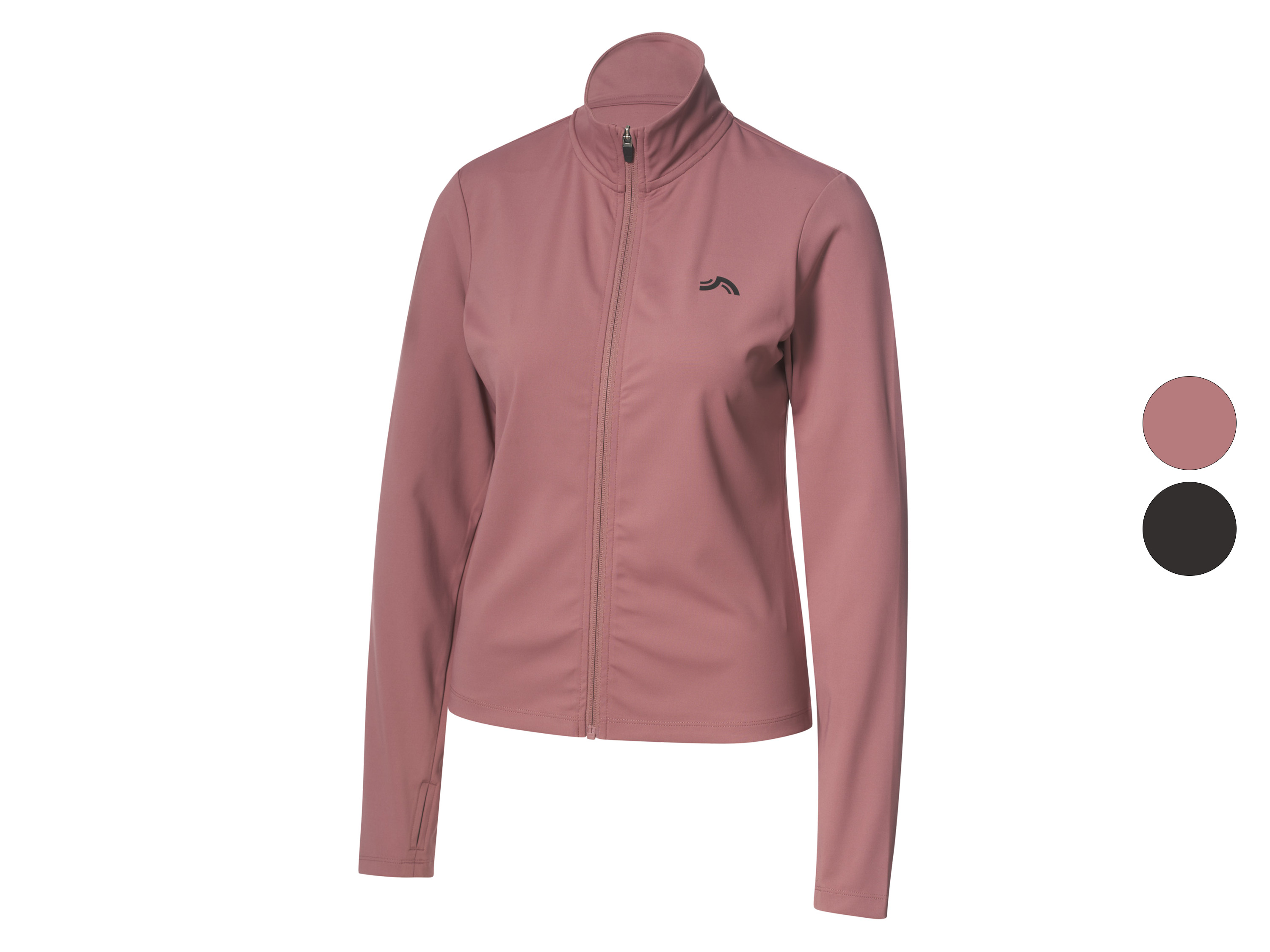 Růžová sportovní bunda na zip s černým logem, s zobrazenými barevnými možnostmi.