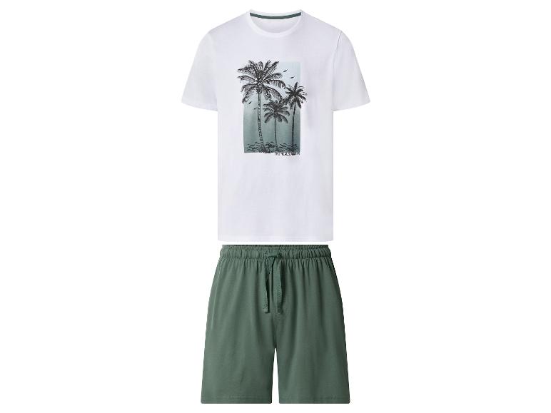 Pánské bílé tričko s potiskem palem a zelené šortky, text 'Tropical Summer'.