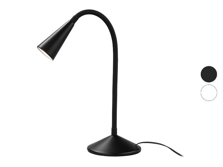Černá LED stolní lampa s flexibilním ramenem a kulatou základnou, s černými a bílými barevnými možnostmi.