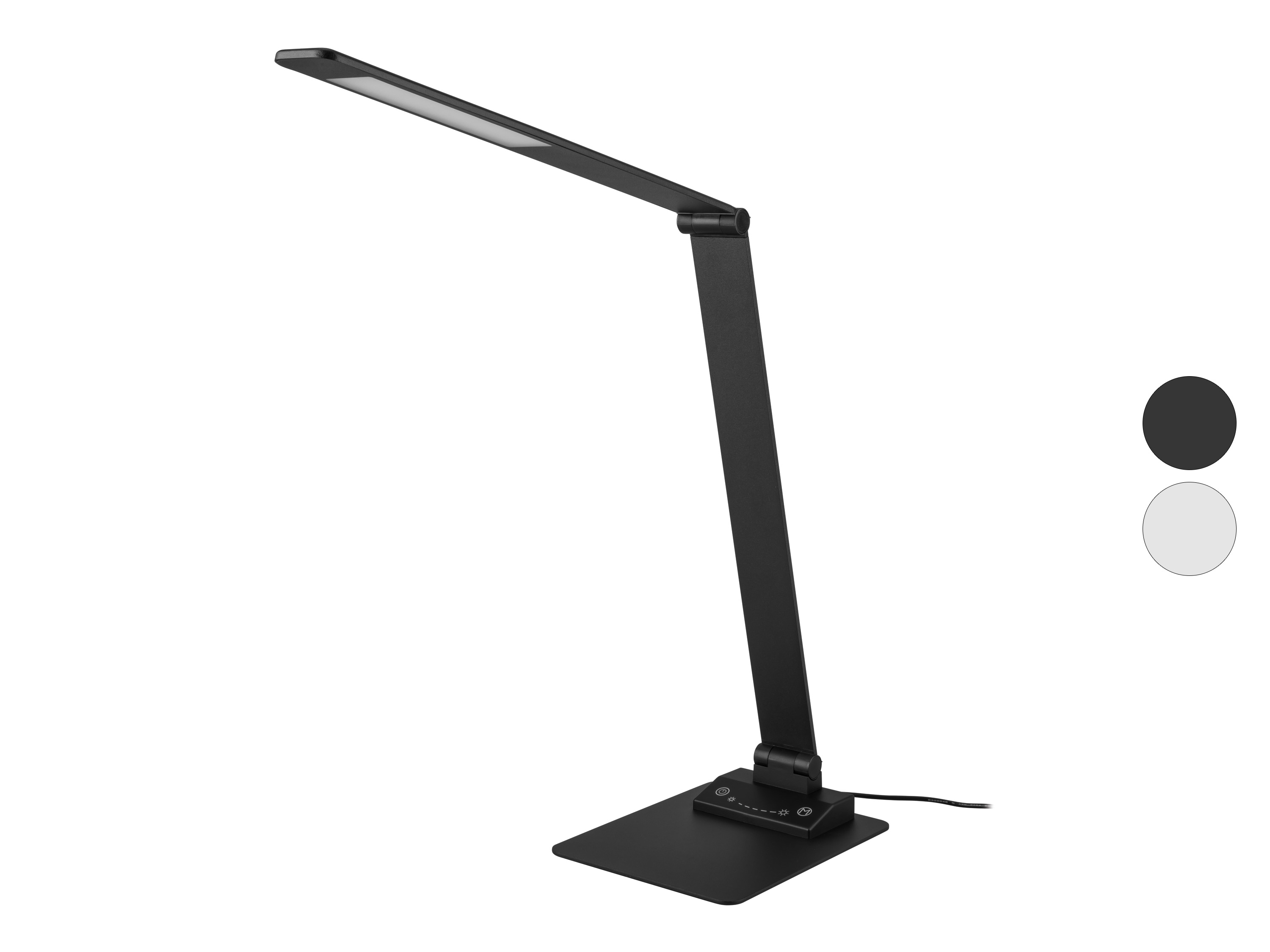 Černá, nastavitelná LED stolní lampa s čtvercovou základnou a dotykovým ovládacím panelem.