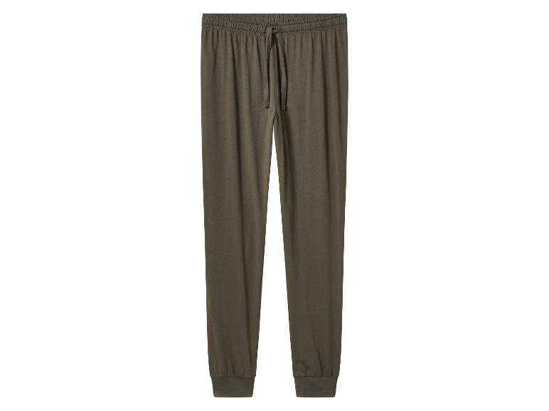 Khaki tepláky se stahovací šňůrkou a elastickými manžetami.