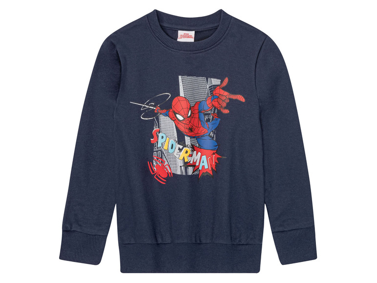 Modrý svetr s dlouhým rukávem pro chlapce s potiskem Spider-Mana.