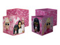Tři růžové úložné boxy s obrázky Barbie.