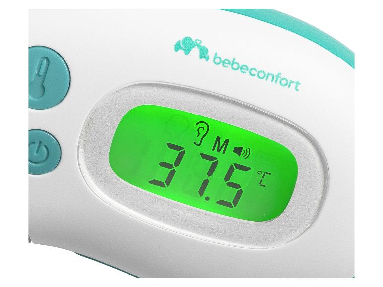 Bílý digitální teploměr se zeleným displejem zobrazujícím 37,5 °C a ikony ucha a zvuku.