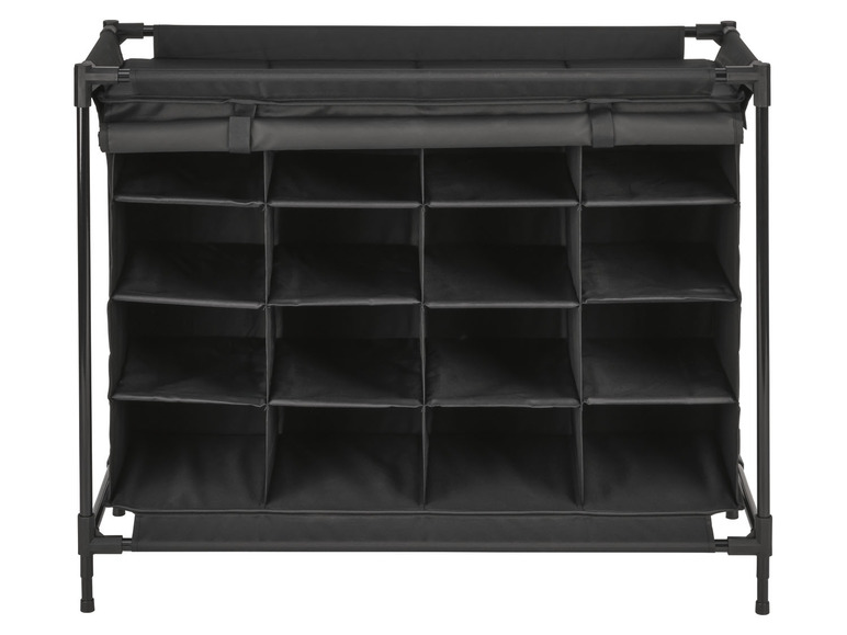 Černá stojící police na boty s 12 přihrádkami.