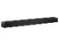 Černý soundbar s texturovanou přední mřížkou a ovládacími tlačítky nahoře.