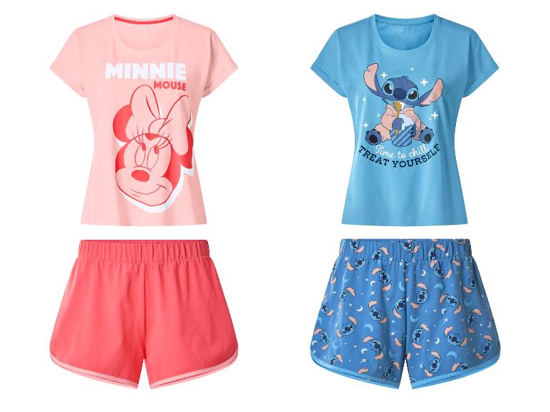 Dámské pyžamo s tričkem a šortkami: růžové s Minnie Mouse a modré se Stitchem.