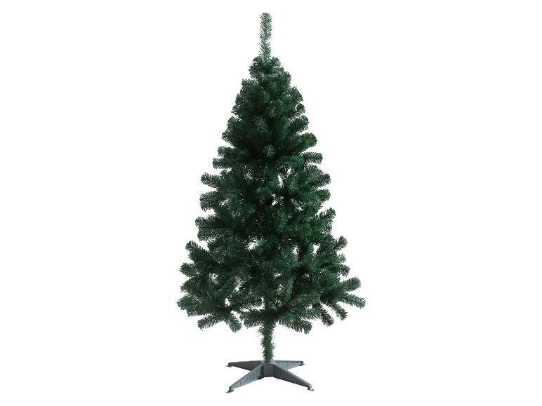 Zelený umělý vánoční stromek s šedým podstavcem.