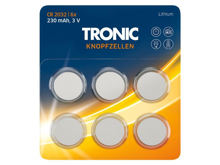 Šest lithiových knoflíkových baterií TRONIC CR 2032, 3V.