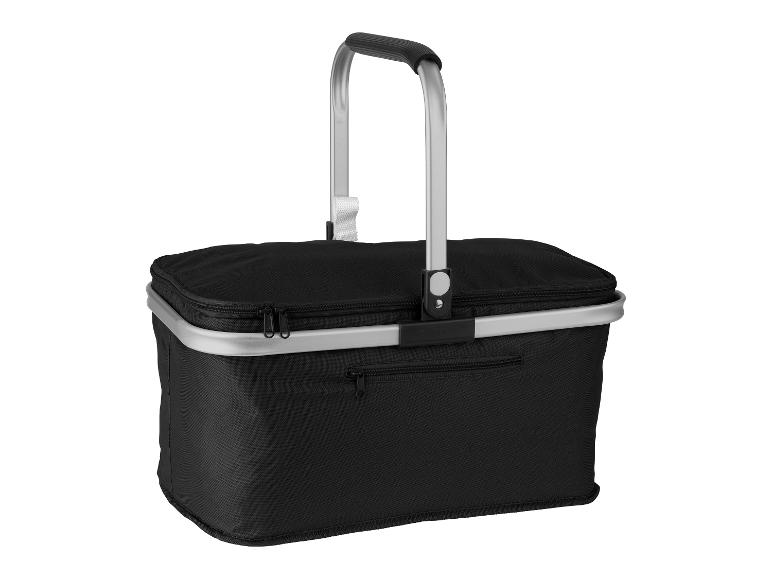 Černá termotaška s uchem, ideální na piknik nebo nákupy.